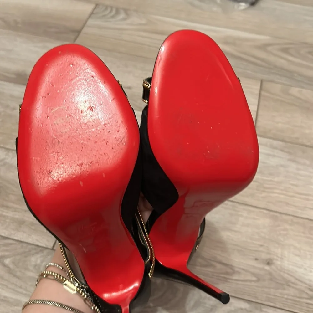 EUC Christian Louboutin Black/Gold heels Akenana 100 Jazz Calf/Suede Size 37